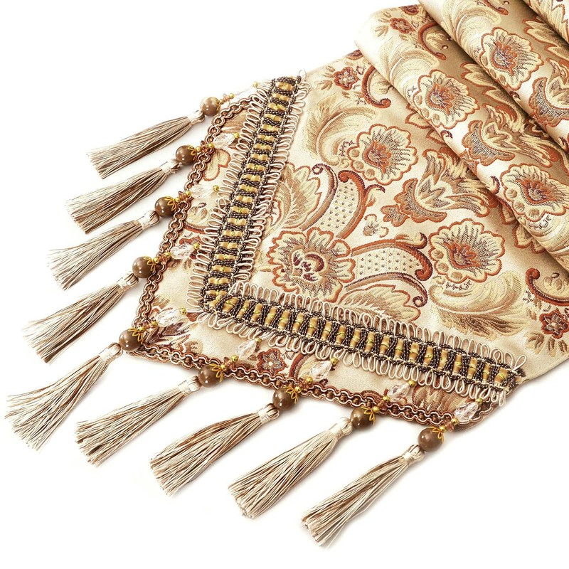Grelucgo Luxury Thick Lined Damask Table Runners with Multi-Tassels (12x88