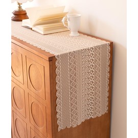 Zulzifs Dresser Runner Cover Top - 13 x 106 Inches Cream Lace Table Runner, Macrame Crochet Dresser Scarf Doily for Drawer Dresser Modern Table Decor Beige