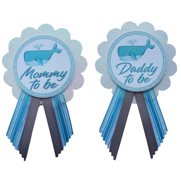 2 Mommy & Daddy to Be Pin Whale Ocean Baby Shower It's a Boy for parents to wear, Blue & White Sprinkle