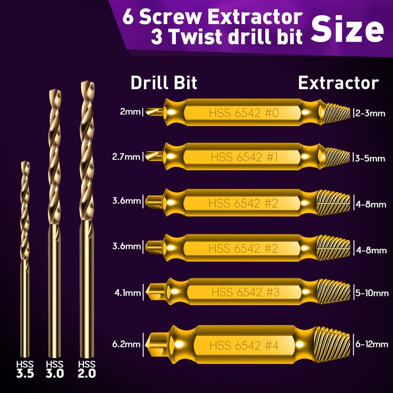 9PCS Gold Titanium-Plated Screw Extractor Set, Hardness is 80 HRC,