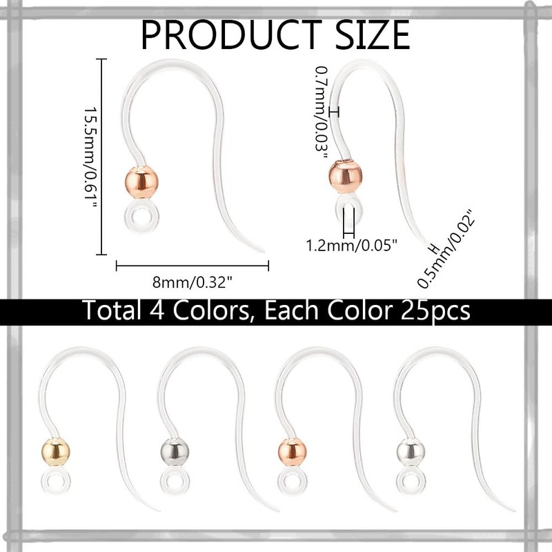 PH PandaHall 100Pcs Plastic Clear Earring Hooks Non-Allergenic Ear Wire,