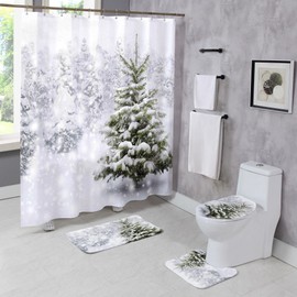 Moladika 4 Pcs Winter Christmas Shower Curtain Sets with Rugs Snowy Natural Forest Snowfall Bathroom Set Xmas Tree Home Bath Bathtub Decor Durable Curtains Mats for Bathroom Decor 72 x 72 Inch