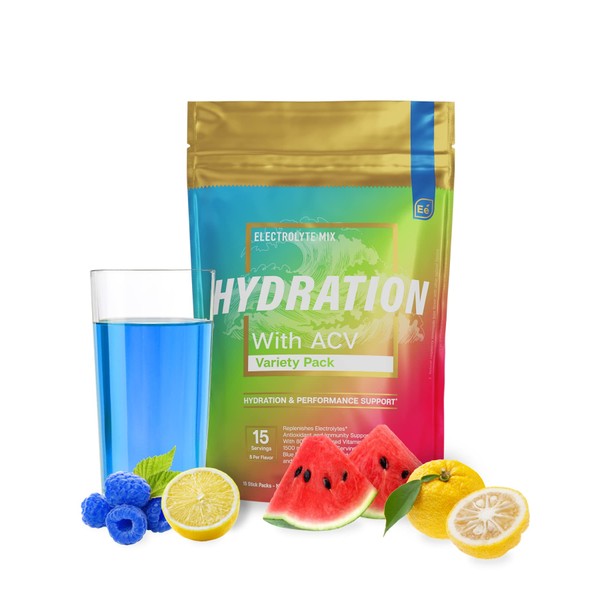 Essential Elements Hydration Packets - Variety Pack - Sugar Free Electrolytes Powder Packets - 15 Stick Packs of Electrolytes Powder No Sugar - Hydration Drink - with ACV & Vitamin C
