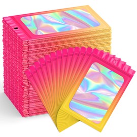 Funfery 300 Pack Smell Proof Resealable Bags for Food Storage,Holographic Bags 4x6 Mylar Clear Bag Packaging Bag for Edibles,Scent Proof Bags for Cookies,Foil Bags for Small Business-Hot Pink Orange