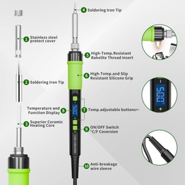 YEEHONEC Soldering Iron Set 90 W LCD Adjustable Temperature 180-500 °C with 5 Soldering Iron Tips, 50 g Soldering Wire, Desoldering Pump, Soldering Iron Holder and Sleep Function Electronic Repair