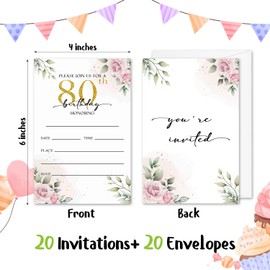 GOODBANER 80th Rose Birthday Invitation for Women, Birthday Invitation With Envelopes, 80 Years Old Birth Invites for Adult, 20 Pcs Birth Invite Cards Party Celebration Supplies /03