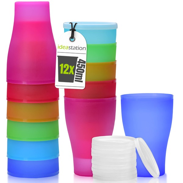 Idea-station NEO Plastic Cups Pack of 12, 450ml Colourful Reusable