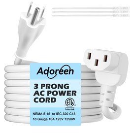 Adoreen 6 Ft Computer TV Replacement Power Cord White, 90 Degree Angled L-Shaped 18AWG 3-Prong AC Universal Power Supply Cable NEMA 5-15P to IEC 320 C13 for Printer, PC, Monitor TV LCD, ETL+Ties