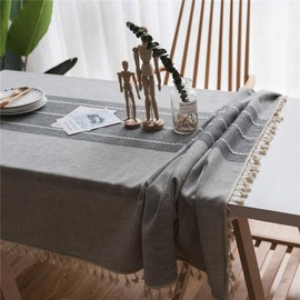 X-Labor Striped Tablecloth with Tassel Square Cotton Linen Table Cloth Table Linen Easy Care Garden Room Table Decoration, grey, 140 * 180 cm