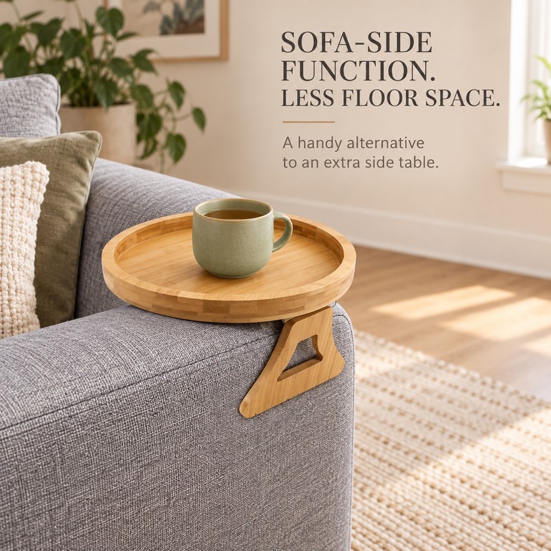 Wooden Sofa Armrest Tray, Foldable Clip-On Style Couch Arm Table