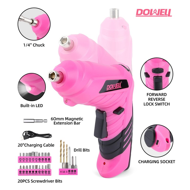 DOWELL 116Pcs Pink Tool Kit with 3.6V USB Cordless Screwdriver,