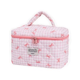 Yucenora Large Travel Quilted Makeup Bag, Cute Bow Cotton cosmetic bag, Travel Toiletry Make Up Organizer Bags for Women and Girls (Pink Bow)