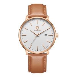 CHEETAH Minimalist Waterproof Auto Date Quartz Watches for Men with Leather Strap, Rose Gold-Tone Case
