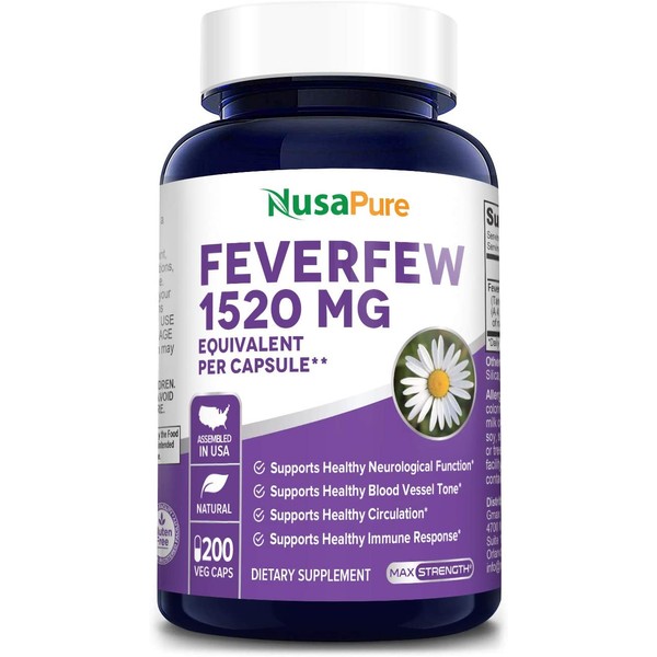 Feverfew 1520mg 200 Vegetarian Caps (Extract 4:1, Non-GMO & Gluten Free) Headache & Migraine Relief, Reduces Inflammation, Relieves Cold, Spasms & Pains