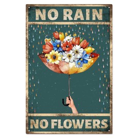 WADORN Metal Sign with Umbrella Motif Vintage Style Flower Motif Retro Metal Sign "No Rain No Flowers" with Inspirational Flower Painting Wall Decoration for Home Bars Pubs 20 x 30 cm