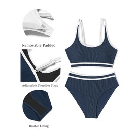 AI'MAGE Women Swimwear High Waisted Bikini Set Two Pieces Sport Bikini Padded Ribbed Swimsuits, Dark Blue XS