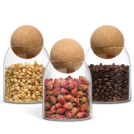 ComSaf 480ml/16Oz Glass Storage Container, Round Cork Glass Bottle, Small Candy Jar with Wood Ball Lid for Food, Coffee, Sugar, Spice, Tea, DIY Decoration, 3Pcs