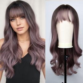 Pink Wigs Ombre Pink Wig With Bangs for Women 26 Inch Long Curly Wave Wig Heat Resistant Synthetic Hair Looking Natural Fiber Wig for Cosplay,Hallowe Daily Date Use