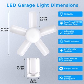Kofarrten LED Garage Lights, Super Bright 8000 LM Garage Light Bulbs, 6500K Garage Ceiling Lights with Deformable Panels for E26/E27 Base, 80W LED Shop Lights for Workshop, Warehouse (2 Pack)