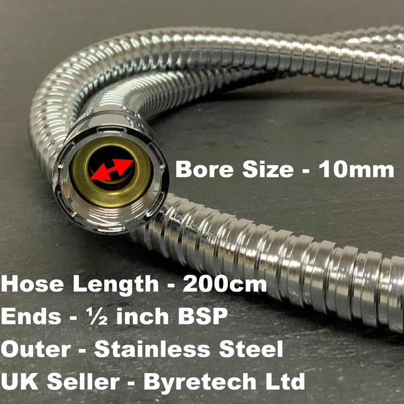 200cm Long Shower Hose - 10mm Internal Bore - Stainless
