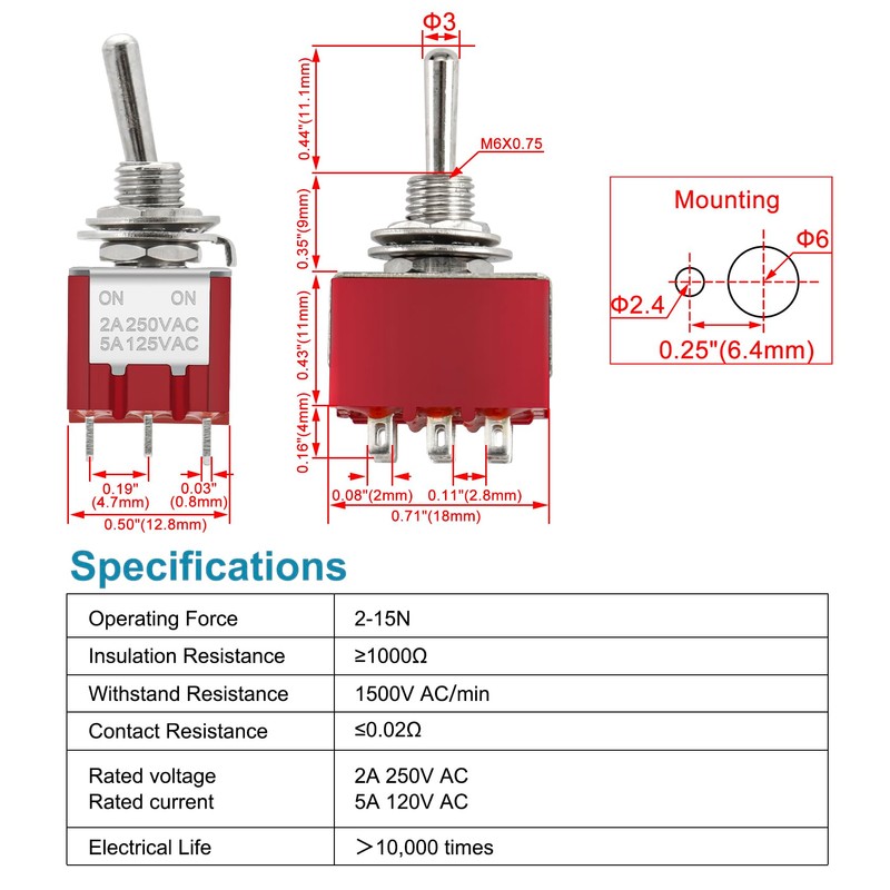 Heschen MTS-302 2 Piece Miniature Toggle Switch 3PDT ON-ON 9