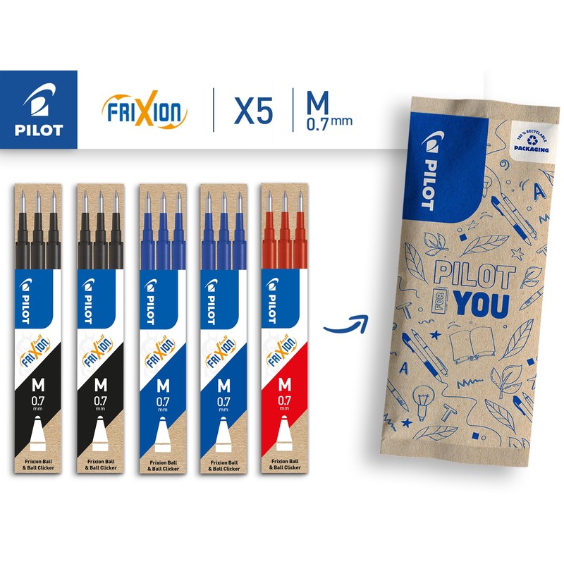 PILOT FriXion Refills 0.7-15 Pack, Black/Blue/Red - FriXion Erasable Ink