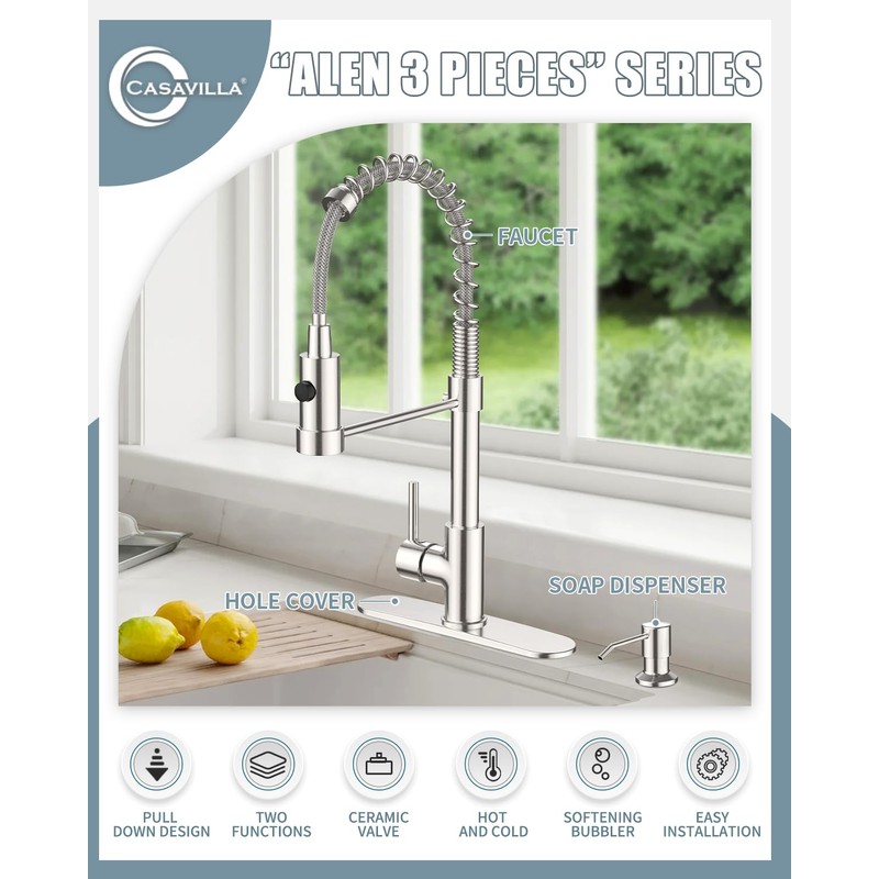 Casavilla Kitchen Faucets, Kitchen Sink Faucet with Soap Dispenser, Single