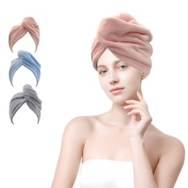 Castaic 3Pcs Microfiber Hair Towel Wrap, Hair Drying Towel with Button Design for Curly, Long & Thick Hair Anti Frizz, Super Absorbent Twist Turban for Women (Gray+Pink+Blue)