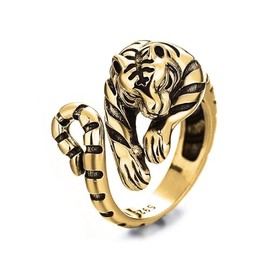 POYAMUSE Cool Thai Silver Tiger Tail Wrap Ring for Men - Adjustable Open Design (Gold)