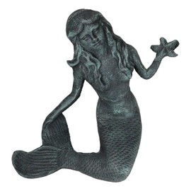 Ebros Gift 11.5" Tall Cast Iron Large Nautical Siren Mermaid Holding Starfish Vintage Statue Ocean Goddess Princess Coastal Beach Under The Sea Mermaids Decorative Accent (Verdigris Green)