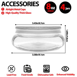 CHGShine Wide Mouth Mason Jar 8 oz for Pickling, Shea Butter Body Butter, Canning, Candles, Fruit Preserves, Jam or Jelly - Glass jar with Lids 4pc