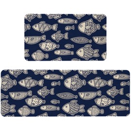 Mloabuc® Blue Fish Decorative Kitchen Mats Set of 2, Farmhouse Anti Fatigue Waterproof Stain Resistant Floor Rug Non Slip Laundry Room Rug Cushioned Floor Mat - 17x29 and 17x47 Inch