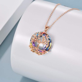 Tree of Life Necklace, 925 Sterling Silver Goddess Tree Pendant with Austrian Crystal, AOBOCO Jewellery Gifts for Women, Silver, Rose-Gold