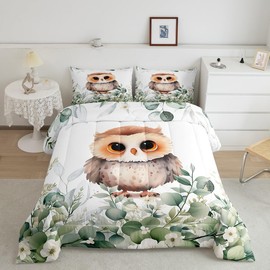 Erosebridal Kids Cute Animal Twin Bedding Sets for Girls Boys Cartoon Owl Comforter Set, Spring Eucalyptus Bedding Comforter Sets Watercolor Leaves Duvet Insert, Kawaii Jungle Animal Down Comforter