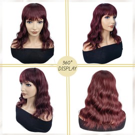 Amikilna Curly Bob Wig with Bangs Short Wavy Wine Red Color Wigs 15 inches for Women Bob Style Synthetic Heat Resistant Bob Wigs for Daily Party Use