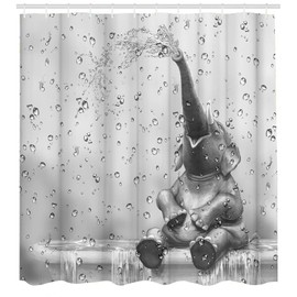 African Elephant Shower Curtain Funny Elephant Taking Shower Bathroom Curtain Cute Wild Animal on Raindrop Background Bath Curtain Fabric Bathroom Decor Set for Kids Hooks Included 72x72inch
