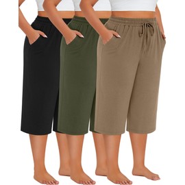 Neer 3 Pack Women's Plus Size Cotton Capris, Stretchy Wide Leg Cropped Pants with Pockets Fit Loose Lounge Pajama Sweatpants(Black, Coffee, Army Green,3X-Large)