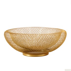 IBWell Metal Wire Woven Fruit Storage Bowl Basket for Kitchen, Large Black Mesh Fruit Stand, for Apple, Pineapple, Banana, Orange, Lemon, Pear, Strawberry, Watermelon (Gold, Small)