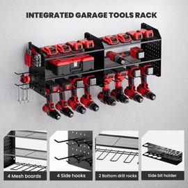 TRZZ 2-in-1 Power Tool Organizer Wall Mount, 3-Layer Drill Holder with 2 Side Pegboards, 8 Drill Holders, 4 Hooks, and 1 Drill Bit Rack, Tool Storage for Garage, Workshop, and Tool Room (Black)