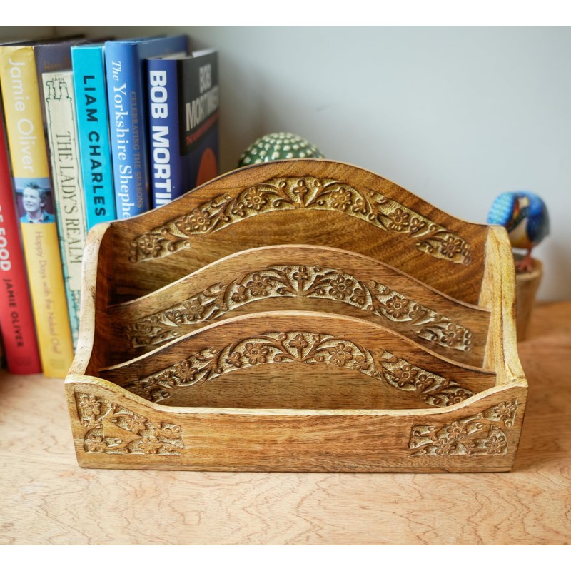 Purity Style Rustic Carved Wooden Letter Rack/Desk Tidy - Three