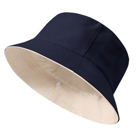 Xnova Women's Reversible Bucket Hats Cotton Foldable Fishing Hat with Wide Brim, Double-Sided UV Protection Sun Hats Unisex Summer Hats Travel Accessories for Men and Women, blue / beige