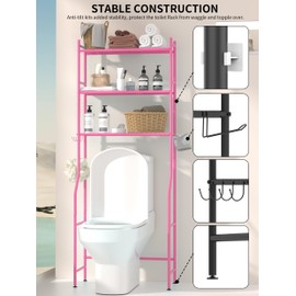 GloTika 3-Tier Over The Toilet Storage, Space Saver Metal Bathroom Shelves, Freestanding Above Over Toilet Storage Shelf with 4 Hooks for Bathroom, Pink