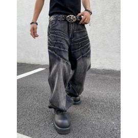 DFGIGT Men's Y2k Hip Hop Baggy Jeans Distressed Wide Leg Denim Pants Casual Loose Fit Trousers Streetwear Pleated Straight Leg Relaxed Fit 2000s Extreme Motion Skater Skateboard,A10 Black,Medium