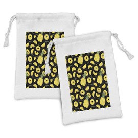 Lunarable Fruits Fabric Pouch Set of 2, Randomly Scattered Sliced Tropical Pineapples, Small Drawstring Bag for Toiletries Masks and Favors, 9" x 6", Green Yellow