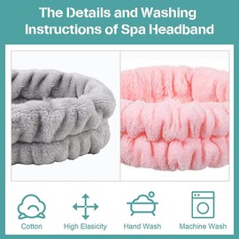 EODKSE Set of 6 Spa Face and Wrist Bands: Soft Hair Band and Elastic Sweatband with Fluffy Headband in Grey and Pink for Women and Girls