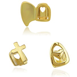 3 Pieces 18K Gold Plated Gold Finish Gold Teeth Grillz Single Teeth Cap Crown, Hip Hop Mouth Grills Fang with Adhesive Beads Party Accessories for Men Women