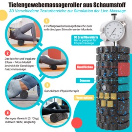 nooncrazy Fascia Roller with 3D Texture Massage, Foam Roller (33 cm x 14 cm) for Relieving Muscle Tension, Medium Hardness, Self-Massage, Facial Roller for Back, Spine, Back, Legs (Black/Blue)