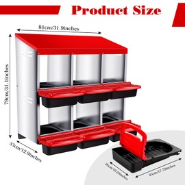 Chitidr Chicken Nesting Box, 6 Compartments Metal Chicken Laying Box with Roll Away Egg Collection and Perch, Rust Proofed Wall Mount Poultry Nesting Box for Hens (Red)