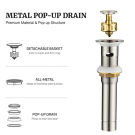 Pop up Sink Drain Stopper for Bathroom Vessel Vanity Sink Art Basin Brushed Nickel, Small Cap with Overflow, Metal Pop up Drain Strainer with Detachable Basket Stopper