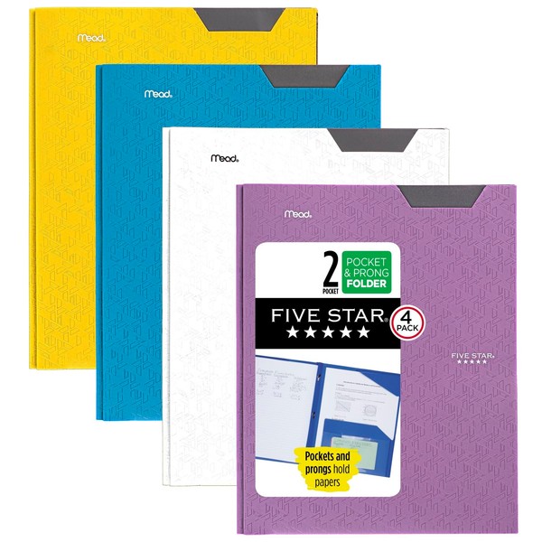 Five Star 2 Pocket Folders, 4 Pack, Plastic Folders with Stay-Put Tabs and Prong Fasteners, Holds 8-1/2” x 11" Paper, Writable Label, Tidewater Blue, White, Amethyst Purple, Harvest Yellow (38064)